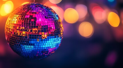 Obraz premium Vibrant Disco Ball Reflecting Colorful Lights Against a Blurred Background, Nightlife and Party Themes