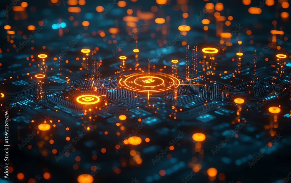 Poster social media network concept with glowing user icons and illuminated data statistics against a dark,