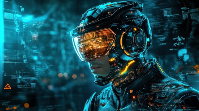 Futuristic soldier wearing advanced helmet with HUD display.