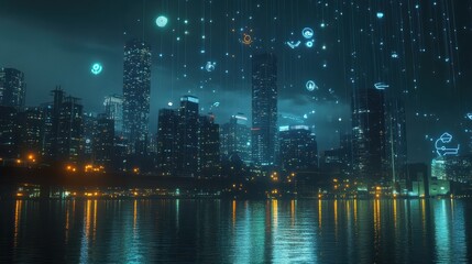 Fototapeta premium city and icons of wireless communication network, Internet of Things conceptual