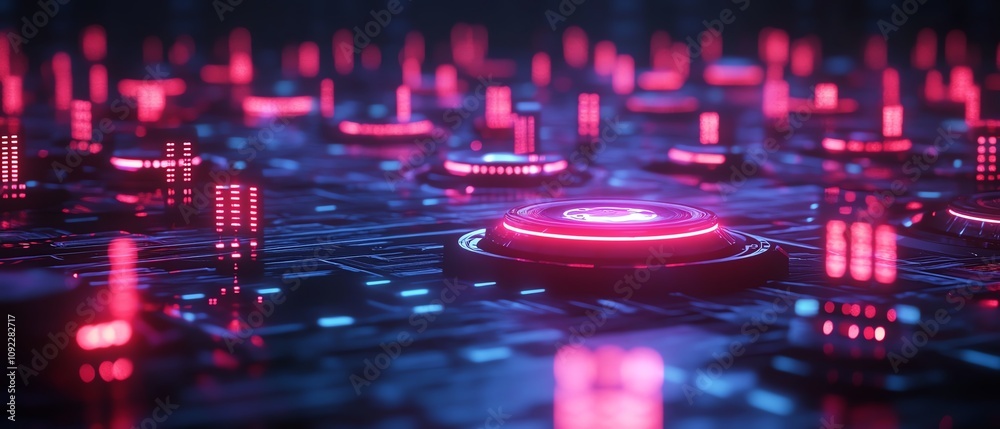 Poster 3d rendering of a futuristic social network system with glowing digital user icons, illuminated data