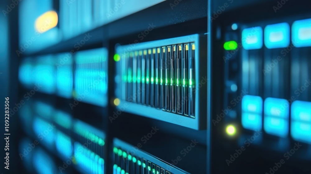 Poster Illuminated Server Racks Displaying Data Storage Technology
