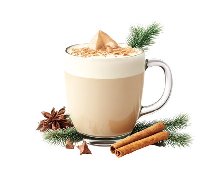 a glass mug with a drink and cinnamon sticks