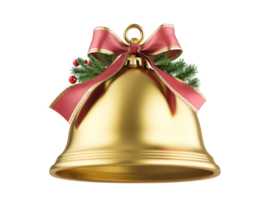 a gold bell with a red bow