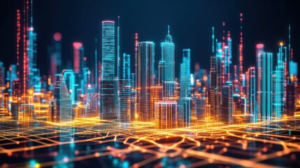 Obraz premium Futuristic cityscape with glowing digital network.