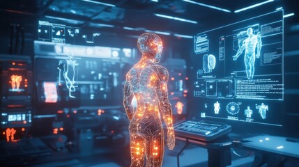 Obraz premium Futuristic medical lab with digital human hologram and advanced interface.