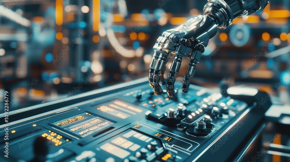 Poster robotic hand operating futuristic control panel
