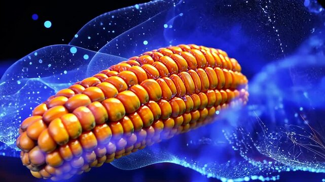 Digital rendering depicts a single ear of corn against a vibrant blue background