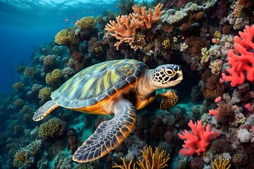 A sea turtle swimming gracefully above a colorful coral reef and lush seaweed forest, AI Generated