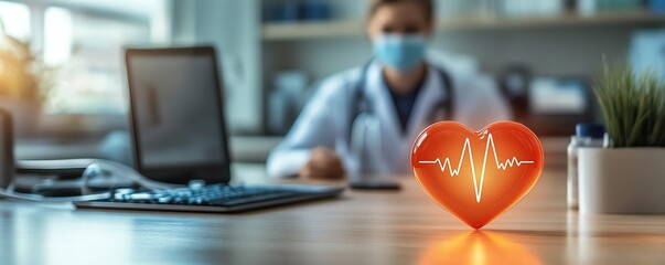 Heartbeat pulse line on a monitor in the foreground with a focused doctor in the background, symbolizing heart health and medical care in a clinical setting