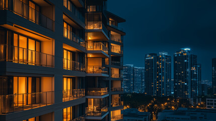 Obraz premium Luxury apartment building with illuminated balconies at night - Clean lines, city lights in the background, warm ambiance from apartment windows