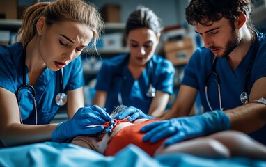 Medical professionals providing urgent care to a patient experiencing a heart attack, using advanced medical tools and focused teamwork in a hospital emergency room