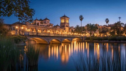 Illuminated bridge and building reflected in calm water at twilight.