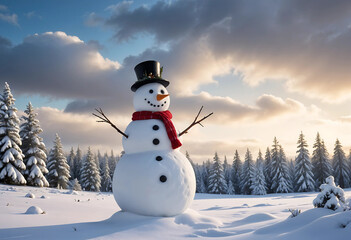 Obraz premium Cheerful Snowman in a Scenic Winter Landscape with Snowfall at Sunset 