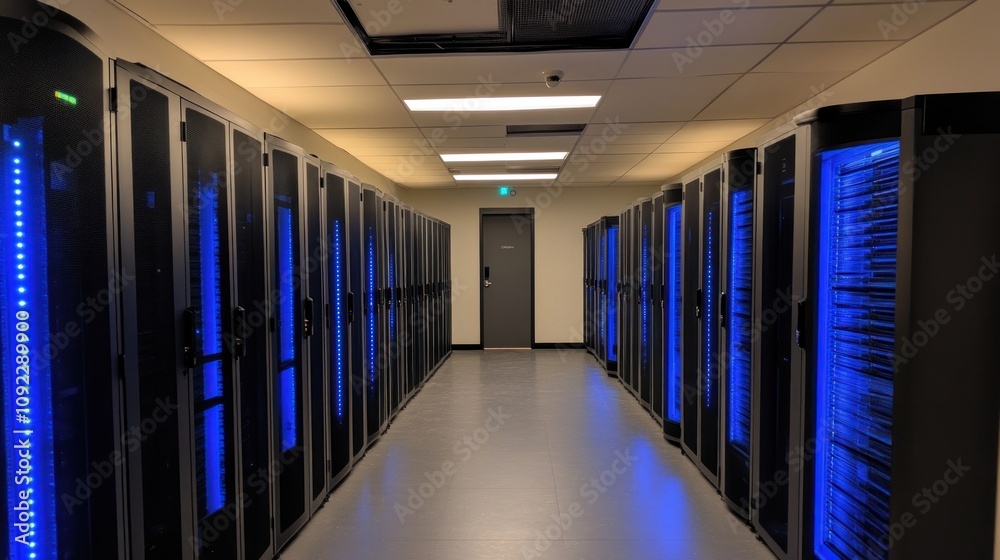 Poster Illuminated Server Racks Line a Modern Data Center Corridor