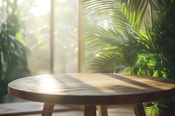 Fototapeta premium Sunlit Wooden Table near Tropical Plants: A Serene Indoor Scene