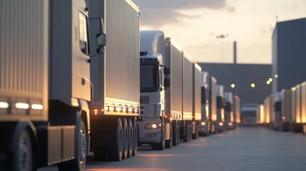 Obraz premium Trucks lined up at sunset.