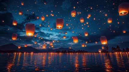 Magical Night Sky Hundreds of Floating Lanterns Over Calm Lake