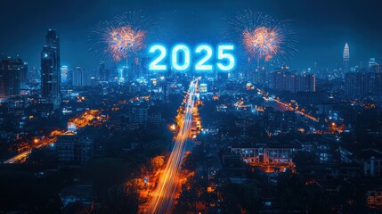 Obraz premium 2025 New Year Fireworks Cityscape Night Lights Celebration