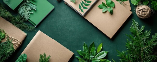 Flat lay of eco-friendly branding materials, including recycled paper catalogs and nature-themed graphics, sustainable marketing, green branding