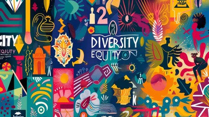 Obraz premium A colorful poster with the words DIVERSITY EQUITY Inclusion beautifully designed with intricate patterns and vibrant colors