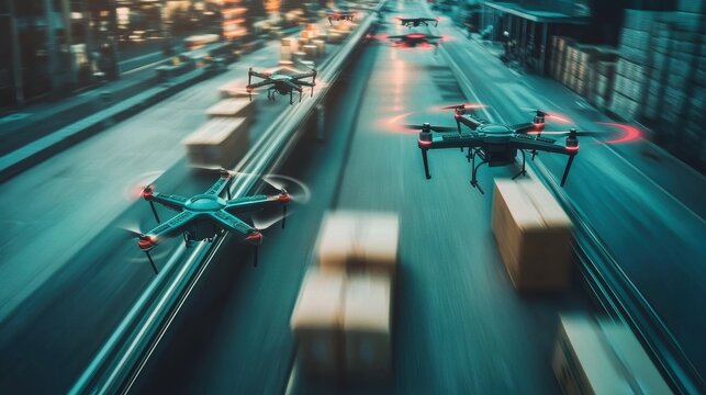 High-speed delivery drones carrying packages