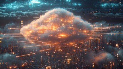 Obraz premium Futuristic city skyline with glowing cloud data center.