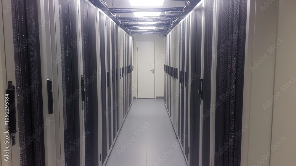 Poster server room corridor with rows of network cabinets