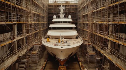 Luxury yacht under construction in dry dock