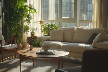 Fototapeta premium Modern Apartment Interior Design: Sunlight-Filled Living Room with City View