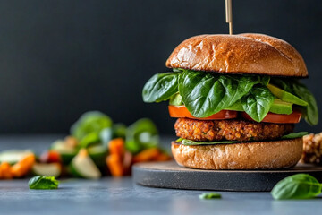 A plant-based burger with a juicy plant-based patty, topped with fresh avocado, lettuce, and tomato.