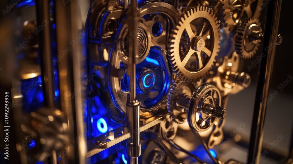 Poster intricate clockwork mechanism glowing blue