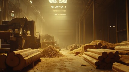 Interior of a sawmill with logs and sawdust piles