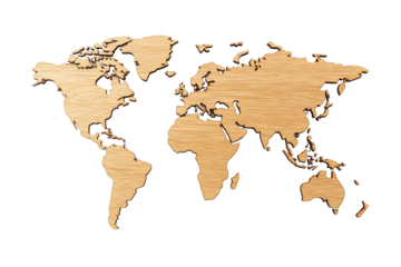 Intricate wooden map showcasing the continents of the world in elegant detail. transparent background