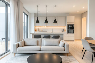 Fototapeta premium Modern living room with stylish furnishings, open kitchen, large windows, and beautiful lighting. Perfect for home decor inspiration.