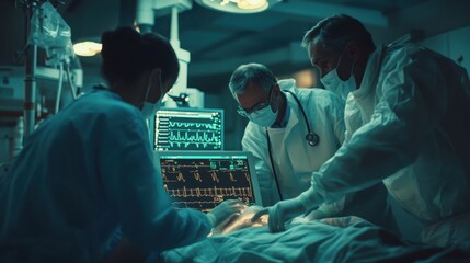 Doctors performing an echocardiogram on a heart attack patient. .