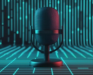 Stylish microphone on a modern digital background, ideal for music, podcasts, or audio production visuals.