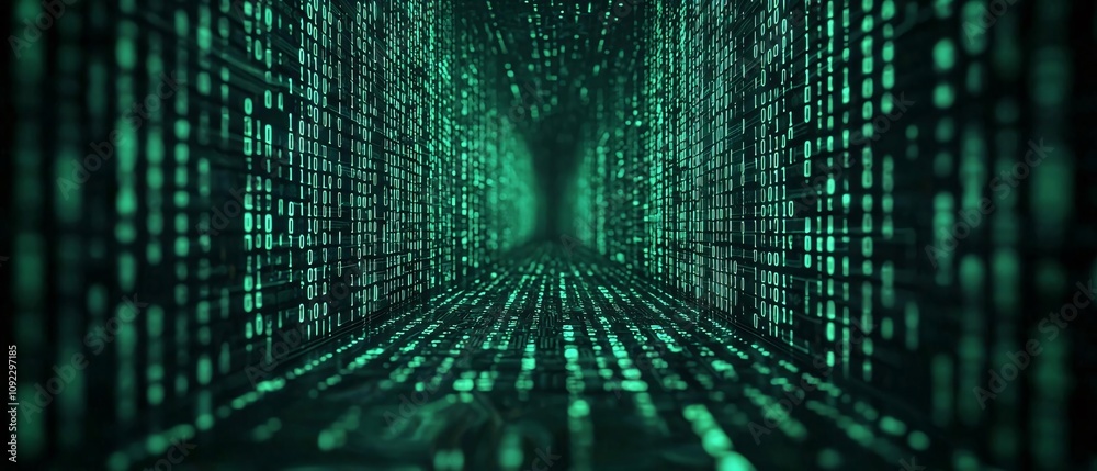 Poster a futuristic digital tunnel filled with green binary code, representing data flow and advanced techn