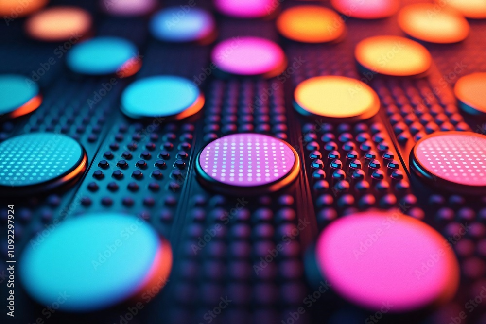 Poster a vibrant display of colorful buttons creating a dynamic visual effect, perfect for tech and creativ