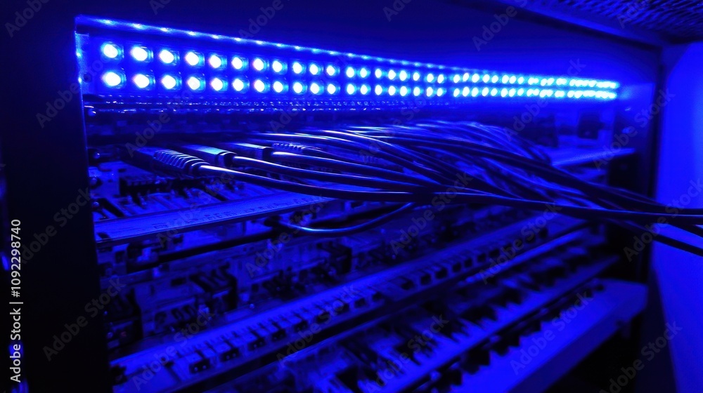 Poster illuminated server rack showing network cables and blue lights