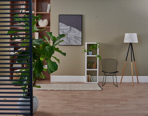 Room interior concept, bookshelf, frame, lamp, vase of plant, chair, carpet detail. Modern wall.