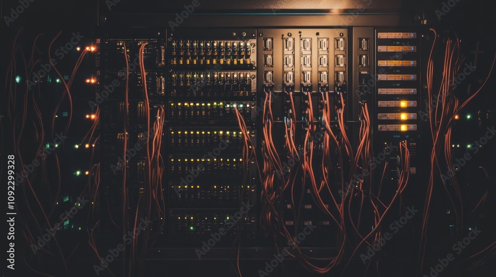 Poster network server rack illuminated with cables