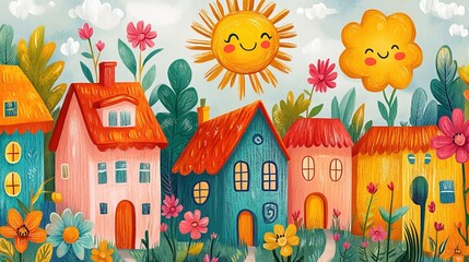 Colorful hand-drawn illustrations of houses, flowers, and smiling sun