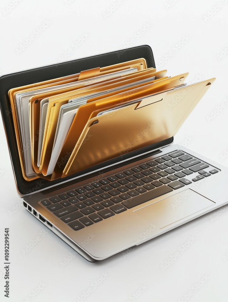 Poster close up of laptop computer with abstract document folder coming out of screen on white background. 