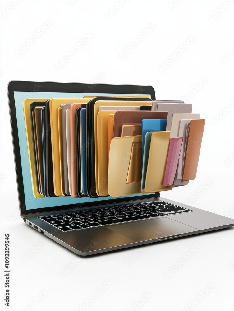 Poster close up of laptop computer with abstract document folder coming out of screen on white background. 