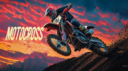 Dynamic motocross poster featuring a rider in mid-air against a stunning sunset and rugged landscape, ideal for thrill-seekers.