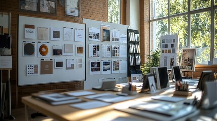 A meeting room with catalogs, whiteboards, and branding mood boards under natural light, brand strategy session, creative planning