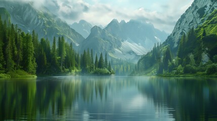A serene lake surrounded by dense forests and majestic mountains, with the calm water reflecting the stunning landscape