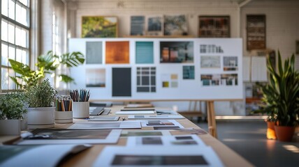 A meeting room with catalogs, whiteboards, and branding mood boards under natural light, brand strategy session, creative planning