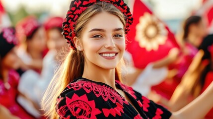 Fototapeta premium Young woman with a vibrant flower crown and joyful smile celebrating National Youth Day in Albania, surrounded by a festive crowd